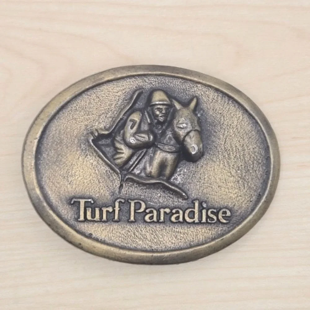 Turf Paradise Belt Buckle Horse Jockey Racing Vintage Metal‎ Western Americana